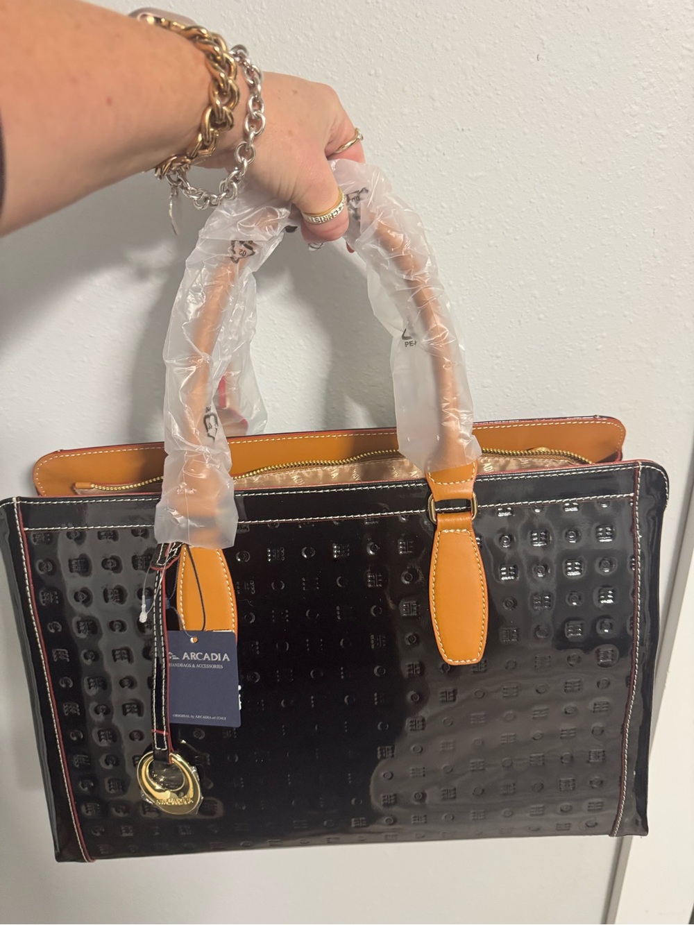 Arcadia Black Patent Tote with Tan Handles